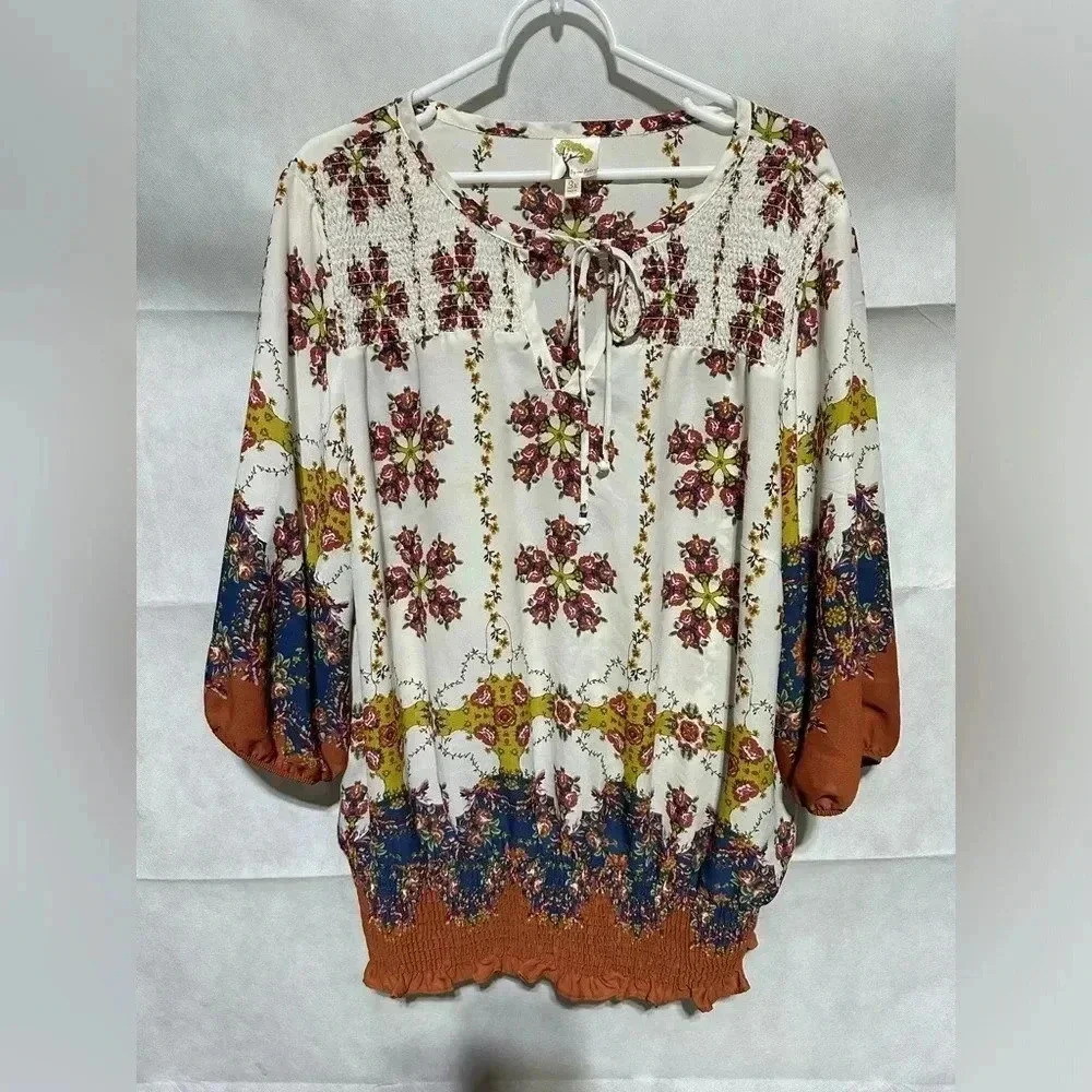 Anthropologie Fig & Flower Plus Sz 3X Floral Bohemian Smocked Blouse Shirt Top